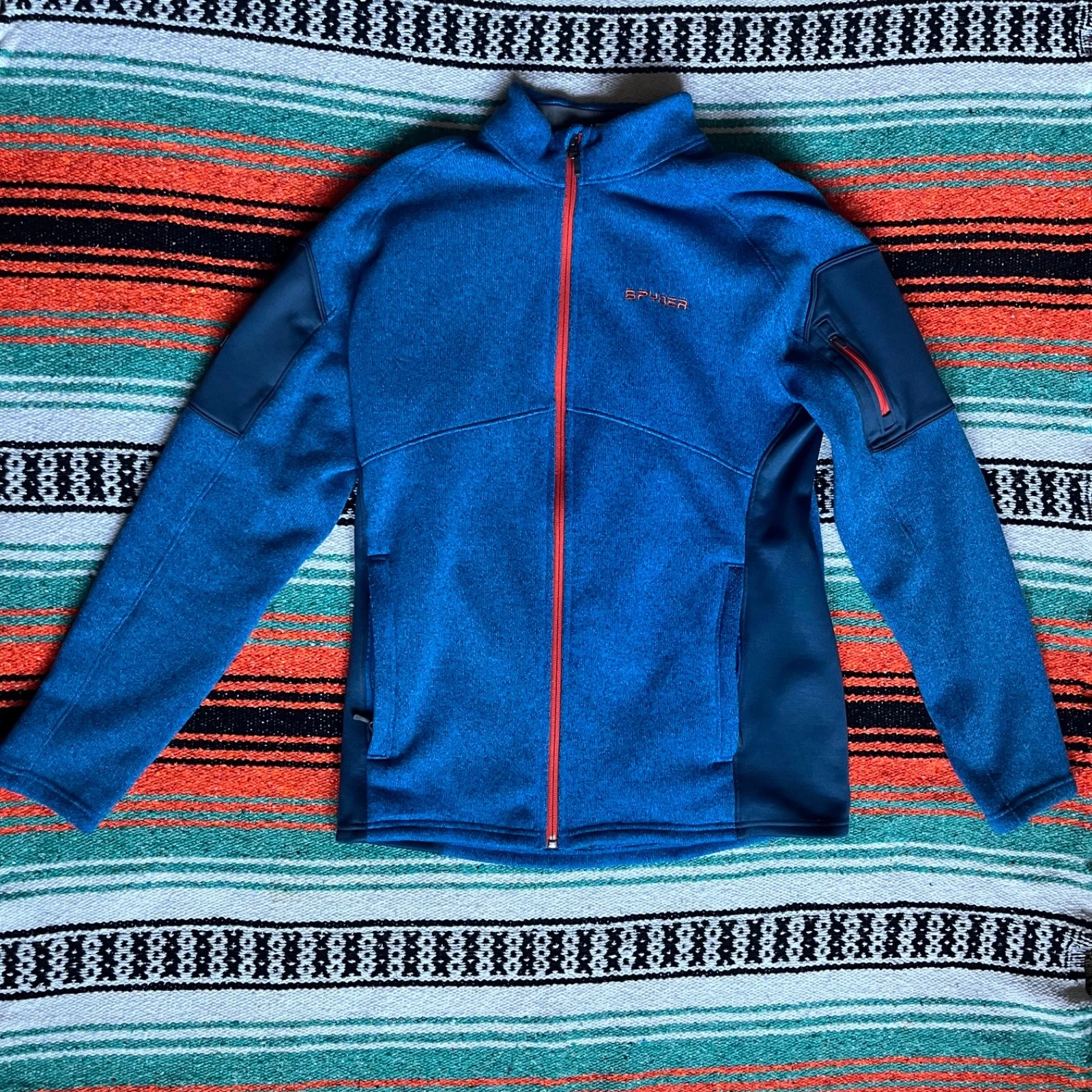 Spyder Men's Fleece Jacket Blue Orange Sleeve Pocket Medium M