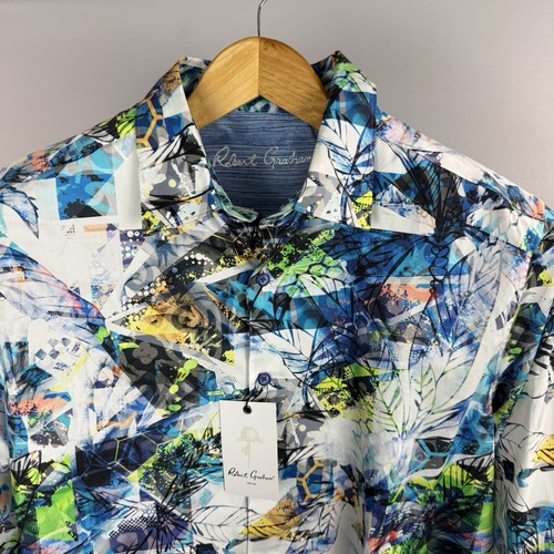 Camisa con botones Robert Graham para hombre XL colorida vibrante arte moderno puños abatibles LS - Imagen 4 de 14