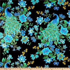 Cotton Peacock Feathers Flowers Metallic Plume Fabric Print by the Yard D778.34
