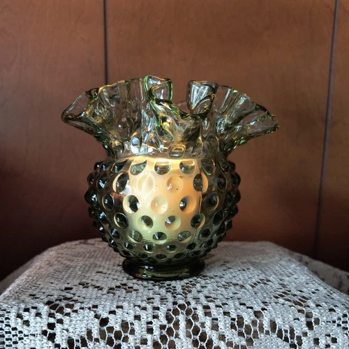 Vintage Fenton Green Hobnail Glass Bowl Fairy Lamp Candle Holder Ruffle Edge