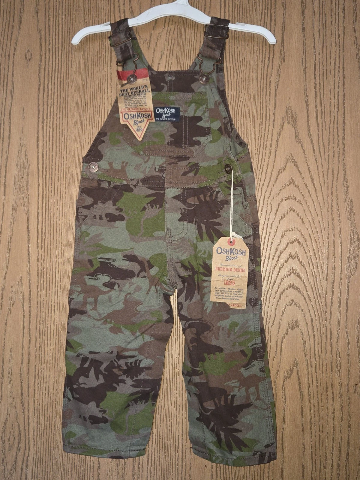 NWT Size 12M OshKosh Bgosh dinosaur camo overalls toddler pants brown green 2010