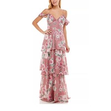 CRYSTAL DOLL Juniors Chiffon Tiered Gown Floral Pink Size 11