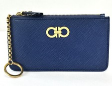 SALVATORE FERRAGAMO Blue Gancini Leather Coin Pouch Small Blue Gold Hardware