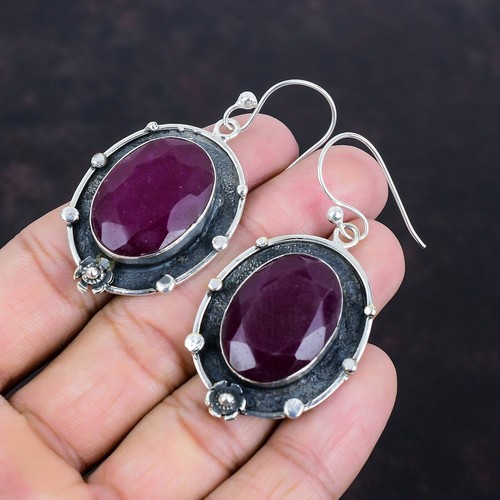 Valentines Deal Sterling Silver Kashmir Rubi Gemstone Hook Drop Earrings Jewelry - Picture 5 of 7