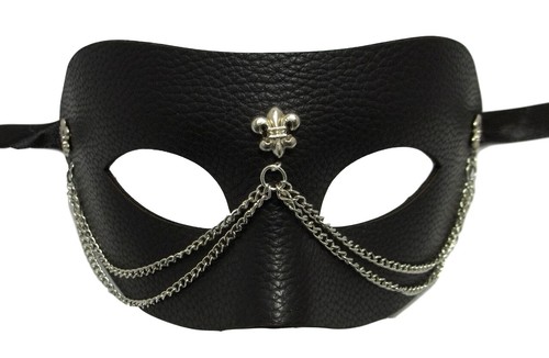 Maschera Fleur De Lis in pelle nera con catene in metallo maschera Halloween ballo - Foto 1 di 3
