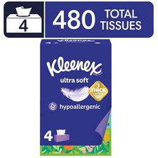 Kleenex Ultra Soft Facial Tissues, 4 Flat Boxes, 120 Tissues per Box, 3-Ply