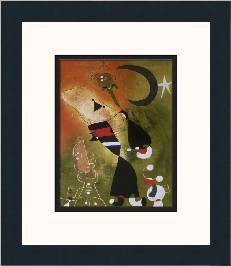 1990 Joan Carson ポストモダンアートミラー Joan Miro Woman and Bird in the Moonlight Custom Framed