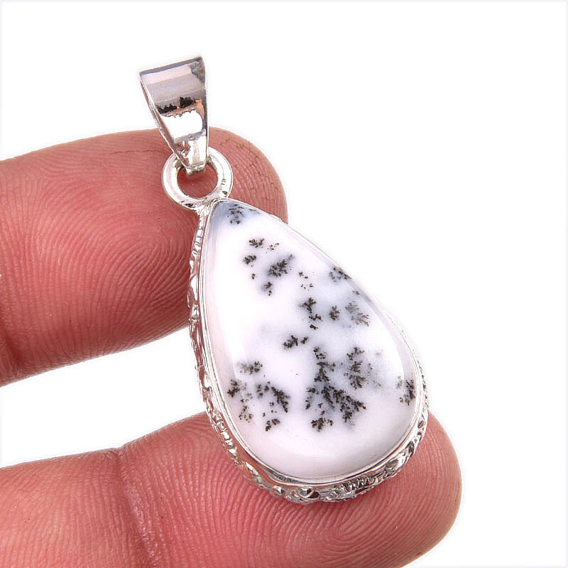 Natural Dendrite Opal Gemstone 925 Solid Sterling Silver Gift Pendant 1.5