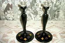 1890s FRENCH EBONIZED WOOD CANDLE HOLDERS HP TOLEWARE VIOLETS CANDLESTICKS