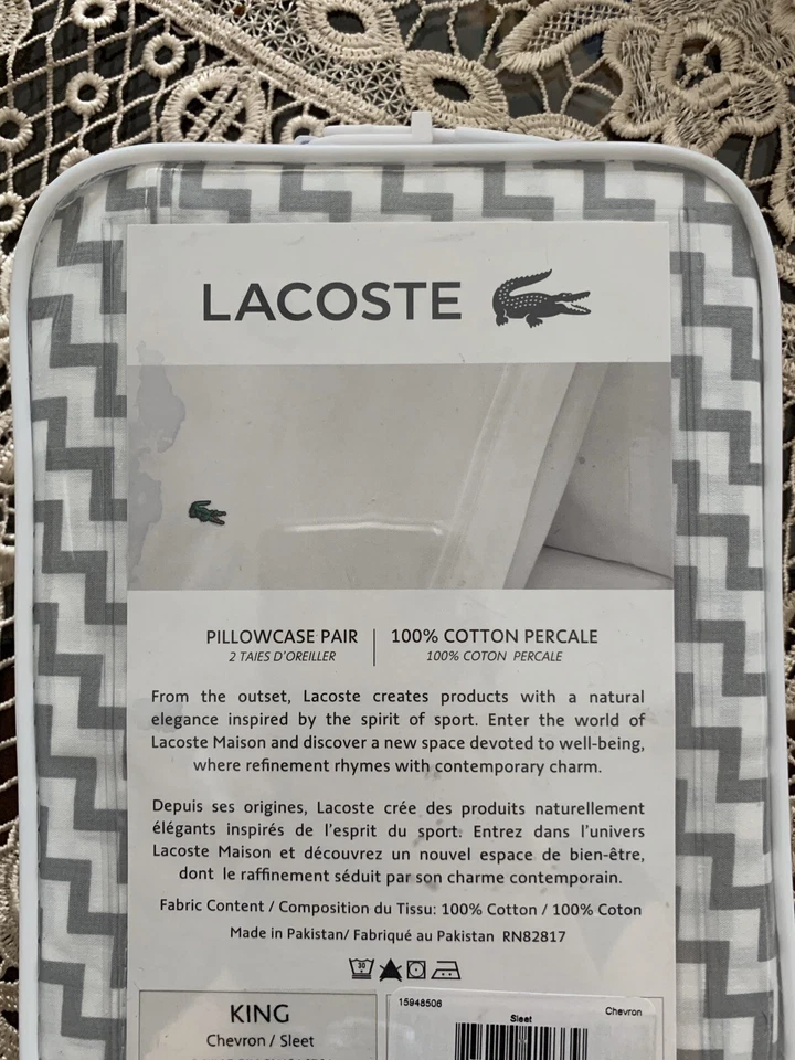 Par de fundas de almohada Lacoste gris Chevron estampado de aguanieve algodón king. ¡Nuevo! Foto 3 de 4