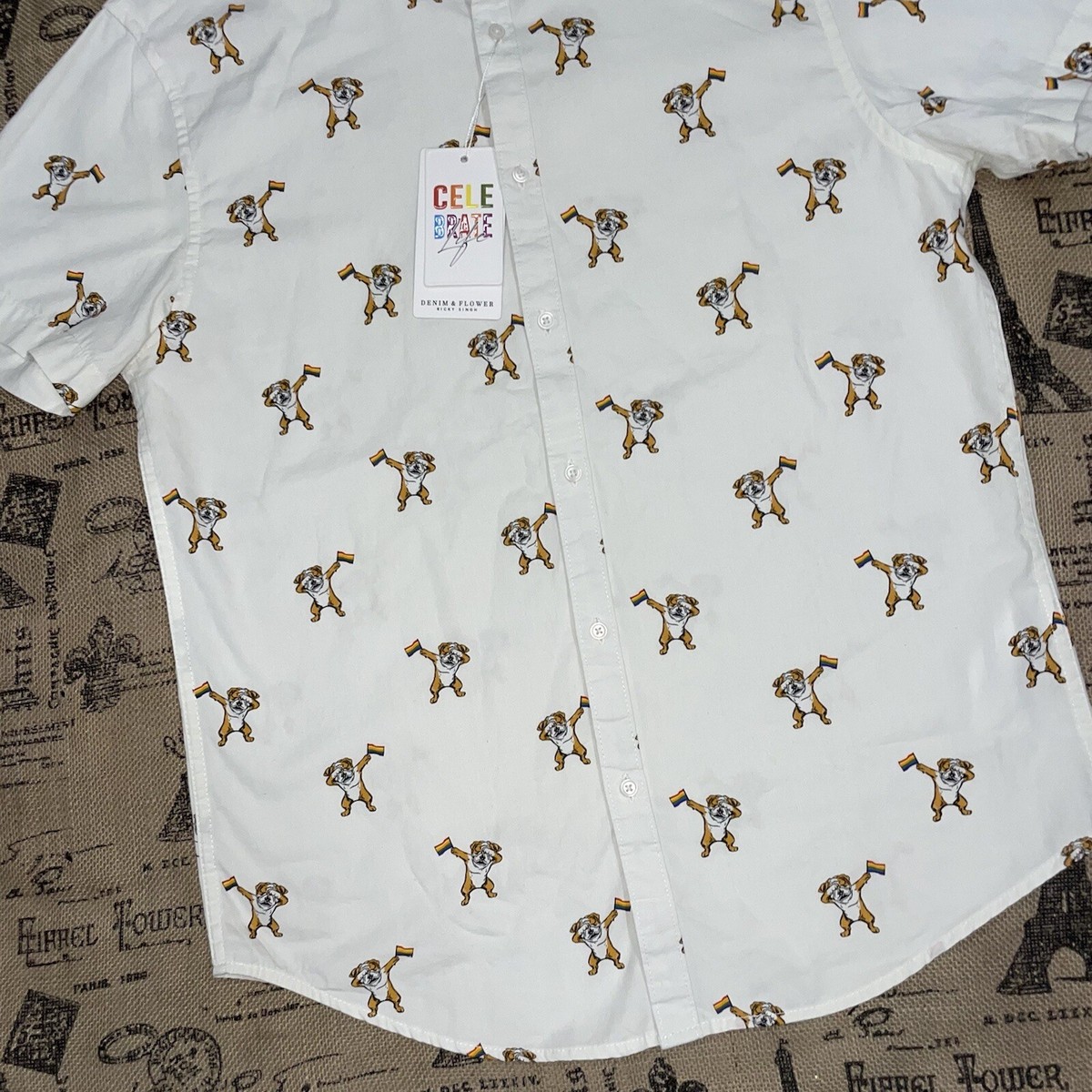 Denim Flower NWT! Celebrate Life Ivory Dog Flat Print Short Sleeve Shirt  sz M