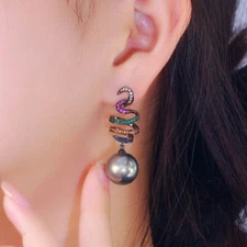 Women Trendy Black Gold Plated Long Curly Zircon Gray Pearl Dangle Drop Earrings