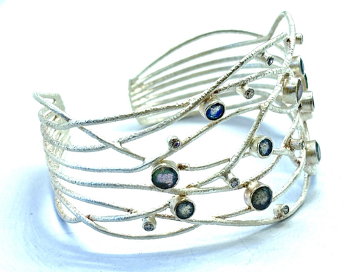 Studio Modernist Textured Silver Labradorite Hand Made Bracelet Bangle - Picture 7 of 11