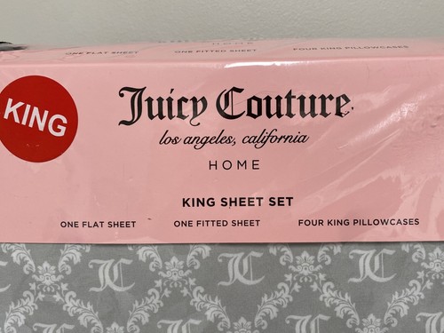 Juicy Couture Home~KING~ Set lenzuola 6 pz ~GRIGIO~ piatto, aderente + 4 federe nuove con etichette! - Foto 2 di 5
