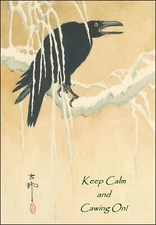 Keep Calm & Cawing On! Crow on snowy branch. Vintage Japanese art blank notecard