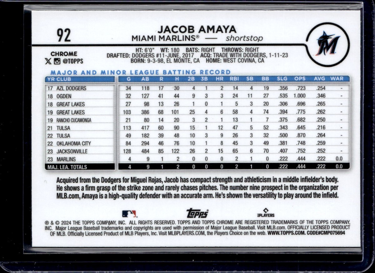 2024 Topps Chrome #92 Jacob Amaya Rookie X-Fractor Marlins NM-MINT