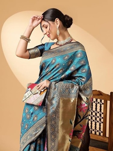 Indian traditional Paithani Silk Blend Woven Saree With unstitch Blouse Piece - Picture 3 of 5