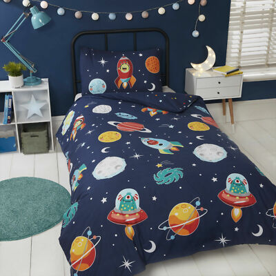 Kinder blau leuchten im Dunkeln Weltraum, Planeten & Aliens Bettbezug Bettwäsche Set