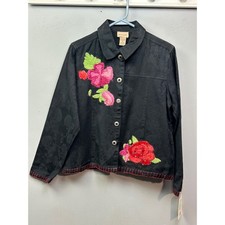 Choices Embroidered Floral Jacket Cotton Blend Medium Black Red Accent