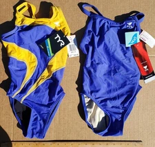 TYR Girls Youth Swimsuit Racing Training Diamondback Blue Yello Size 24 Lot of 2