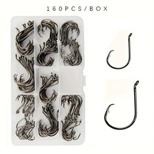 160 Offset Circle Fishing Hooks/Box - Black High Carbon Steel: Sizes #1-5/0