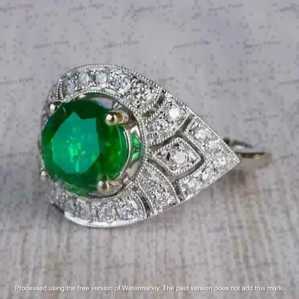 Anillo Art Deco Esmeralda Creado en Laboratorio Corte Redondo de 2 quilates Chapado en Oro Blanco 14k Plata Foto 2 de 4