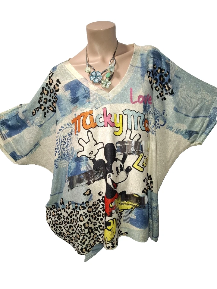 italy T-Shirt ca 44 46 48 50 52  NEU Glitzer Shirt Leo Micky Maus iceblau beige - Bild 4 von 4