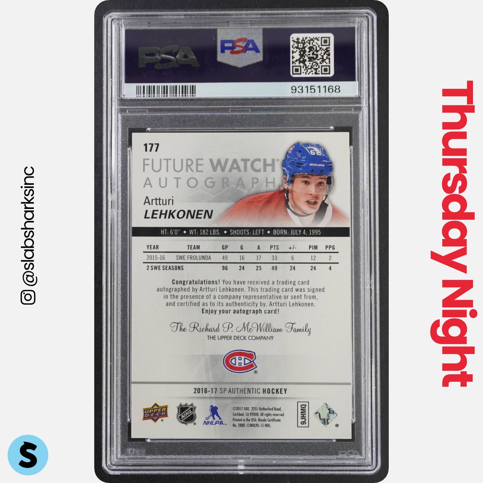 2016 SP AUTHENTIC #177 ARTTURI LEHKONEN FUTURE WATCH AUTO RC ROOKIE /999 PSA 10 view 2