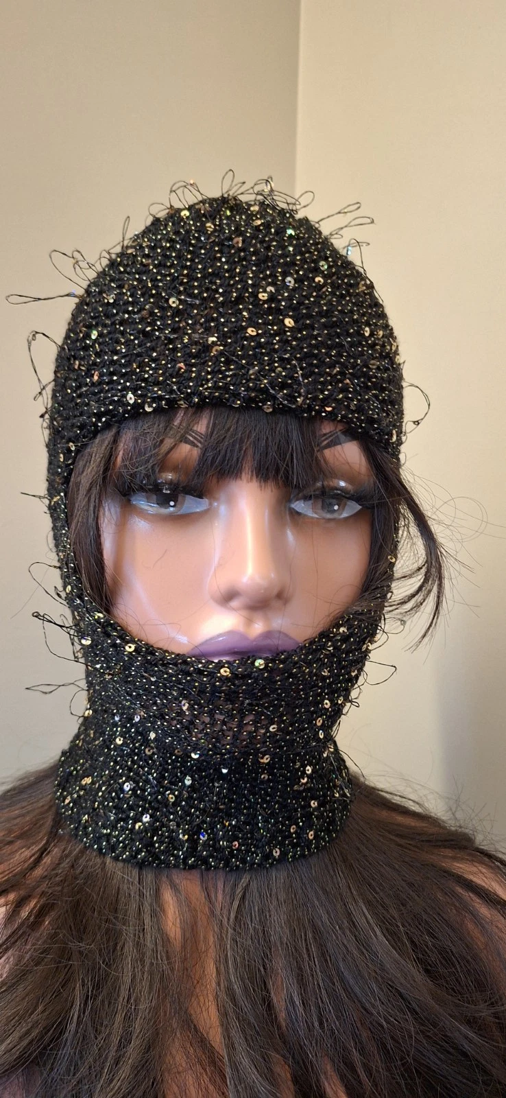 Black Gold Sequin Knit Balaclava – Avant Garde Handmade Y2K Hood