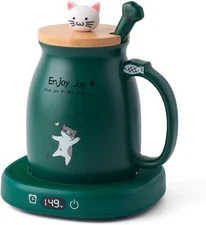 Cute Cat Mug Set & Electric Smart Mug Warmer for Home & Office, Beverage Tea & C