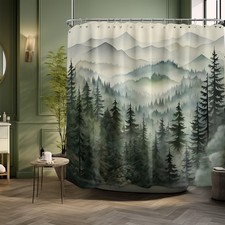 Green Forest Mountain Shower Curtain, 108x72 Inch, Rustic, Pine Tree, Hooks