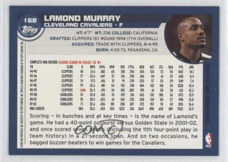 2002-03 Topps Lamond Murray #168 - Image 2 of 2