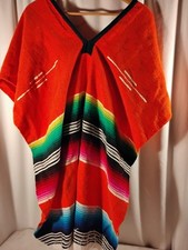 TRIBAL SERAPE Mexican PONCHO Orange Black White ONE SIZE FITS ALL Blanket Gaban