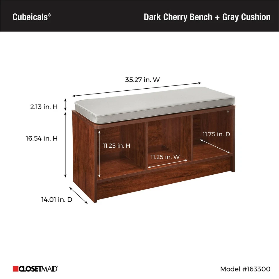 Banco de almacenamiento de cereza oscura con cojín gris y 3 organizadores de cubos Foto 3 de 4