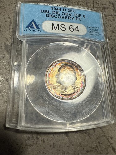 1944-D Washington Quarter ANACS DDO Die 8 MS64 Discovery Rainbow Toned🌈 - Picture 5 of 12