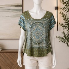 Lucky Brand Womens T-Shirt Medallion Print Boho Olive Green Blue 1X