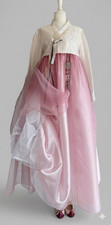 Korean Traditional Dress Hanbok Set- Ivory Top Pink Gallae Skirt / Petticoat Bag