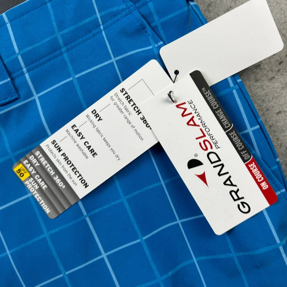 Grand Slam Shorts Mens 40 Blue Check Stretch 50UPF Performance Chino NWT - Imagem 3 de 4