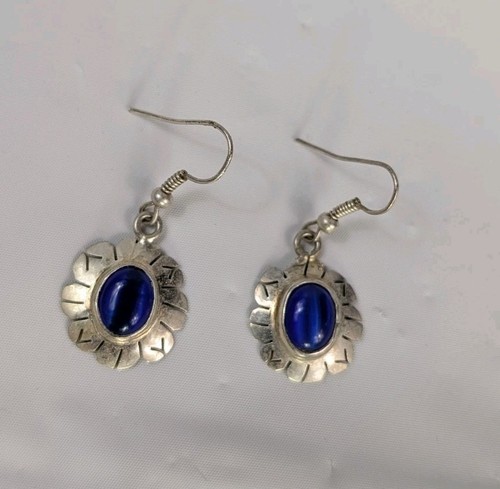 Pierced Earrings Set Matching Pendant Silver Tone Blue Stones Stamped Mexico Vtg - 第 15/16 張圖片