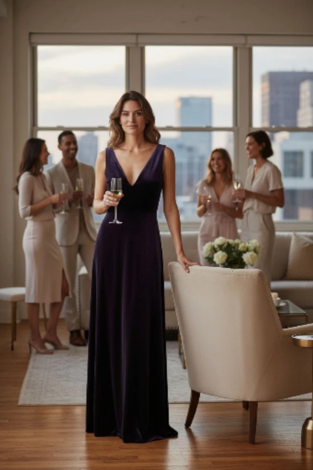 Women's Deep Purple Velvet-Feel Evening Gown – Size 12, New Without Tags - Image 2 of 3