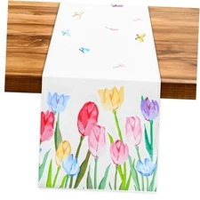 Easter Table Runner 13×72 Inch - Spring Floral Runner with Tulip and Butterfly 