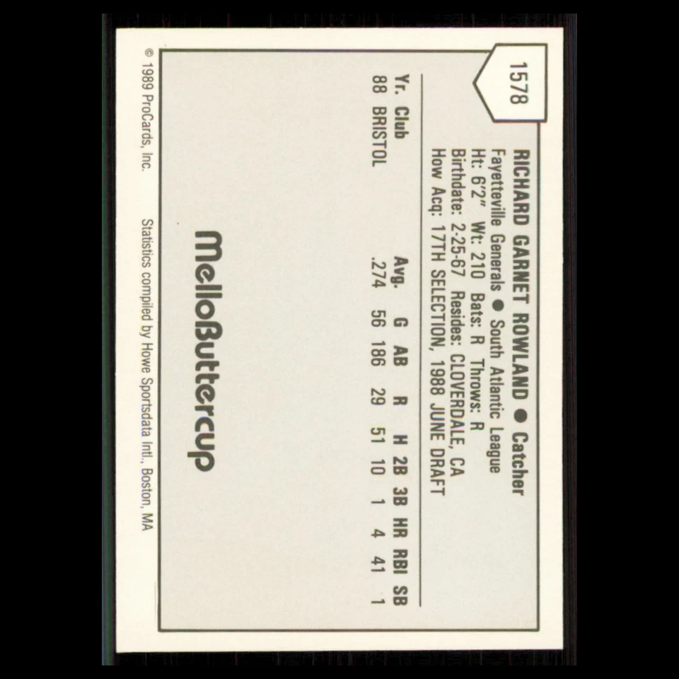 Rich Rowland #1578 1989 ProCards Minor League Team Sets Fayetteville Generals NM - Image 2 of 3