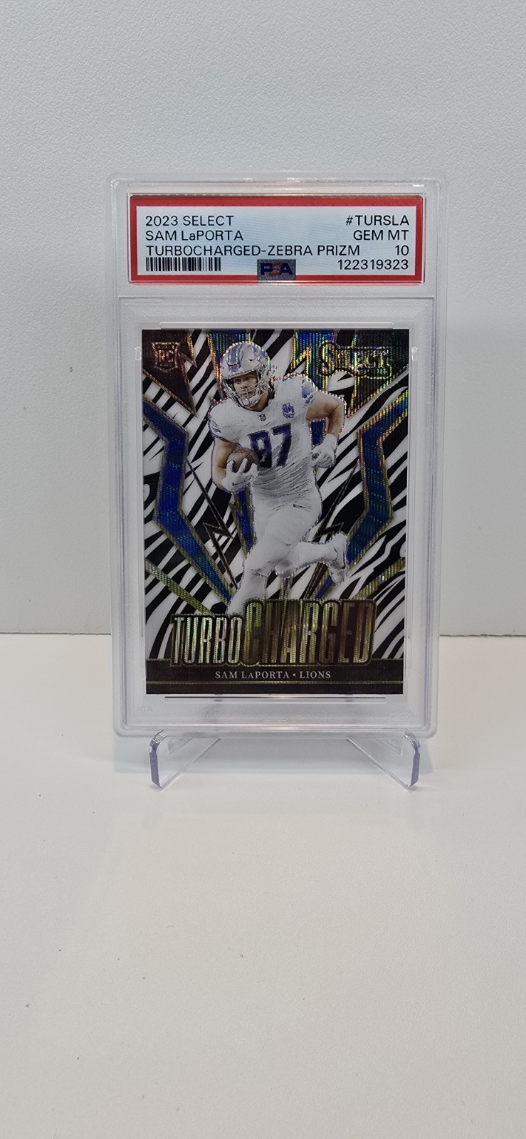 Sam LaPorta 2023 Select #TUR-SLA Turbocharged - Zebra /(SSP) Rookie PSA 10