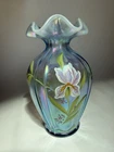 VTG • Fenton Signed "S Stephens" Hand Painted Iridescent Misty Blue Iris Vase