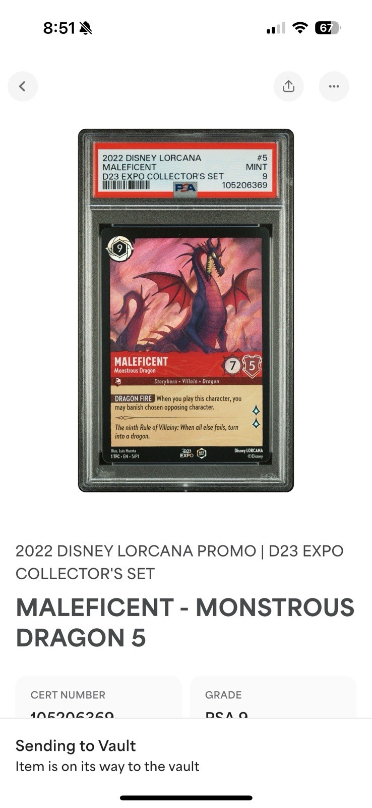 PSA 9 Lorcana Maleficent D23 2022 promo card, 1st Edition.