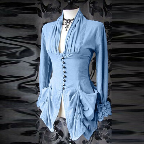 Damen Langarm Gothic viktorianische Oberteile Rüschenbluse Mode Steampunk Shirt - Bild 6 von 11