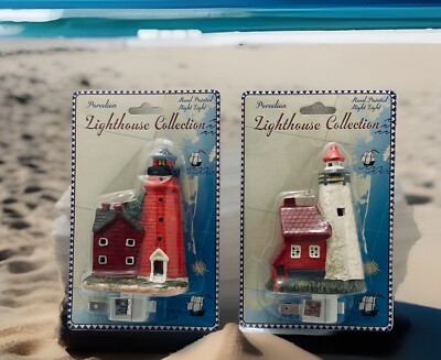 2 Lighthouse Collection Porcelain Hand Painted Lighthouses Night Lights NOS