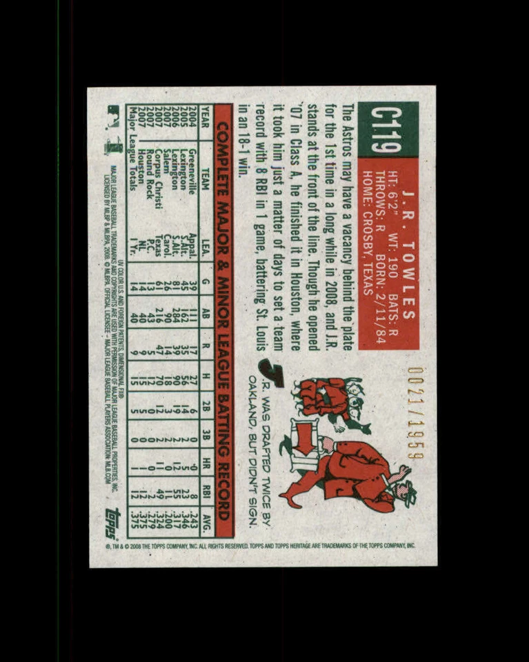 2008 Topps Heritage Chrome #C119 J.R. Towles 1959 (ref 164504) - Image 2 of 2