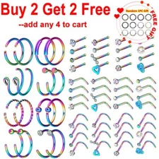 16-64Pcs CZ/Opal Nose Ring Hoops Surgical Steel Pin Bone L Screw Studs Set 20G