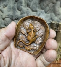 Vintage Japanese Netsuke Old Boxwood Carved Coin Mouse "" Statue